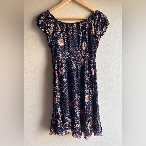 Anthropologie Lola P. Women Floral Mini Short Sleeve Dress Small Brown Boho - Picture 6 of 9